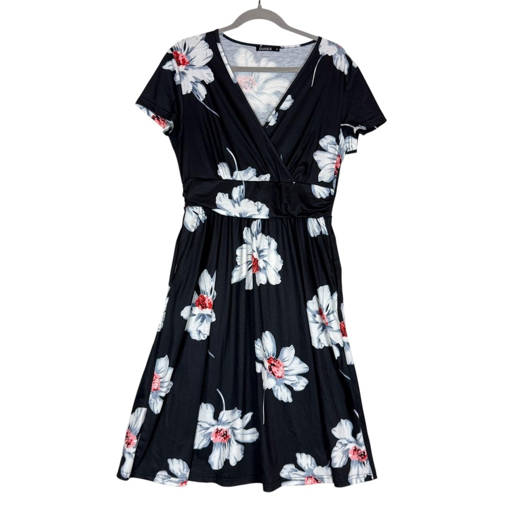 OUGES Dress Womens M Black Floral Wrap V Neck Fit & Flare Short Sleeve